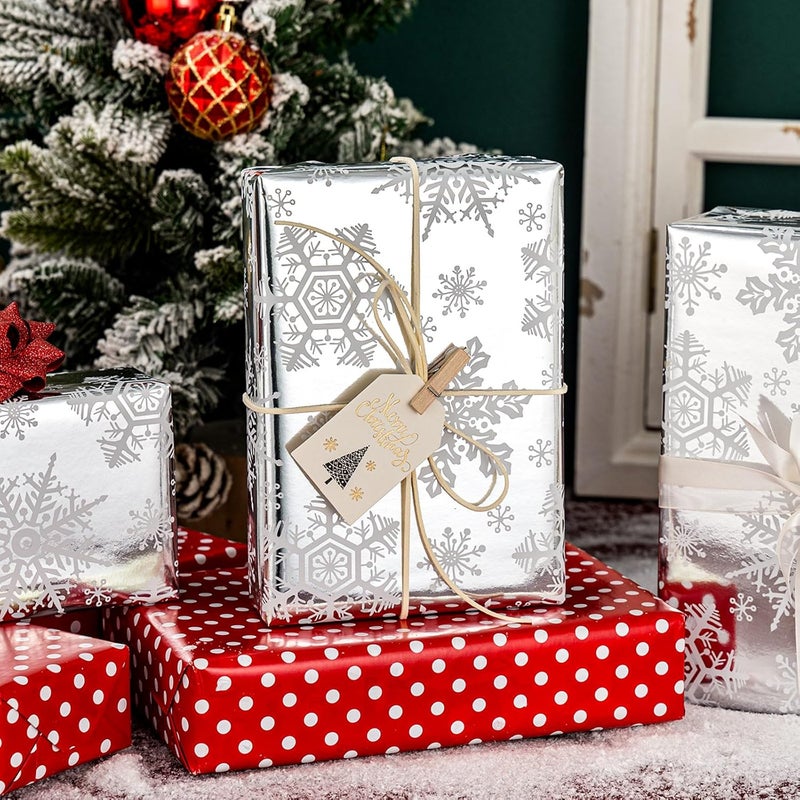 Yarcony Reversible Christmas Wrapping Paper, Silver Snowflakes Wrapping Paper, Minimalist Festive Winter Snowflake Christmas Gift Wrap w/Glossy Foil-Like Shine for Holiday Presents (17 Inch X 33 Feet) - Image 4